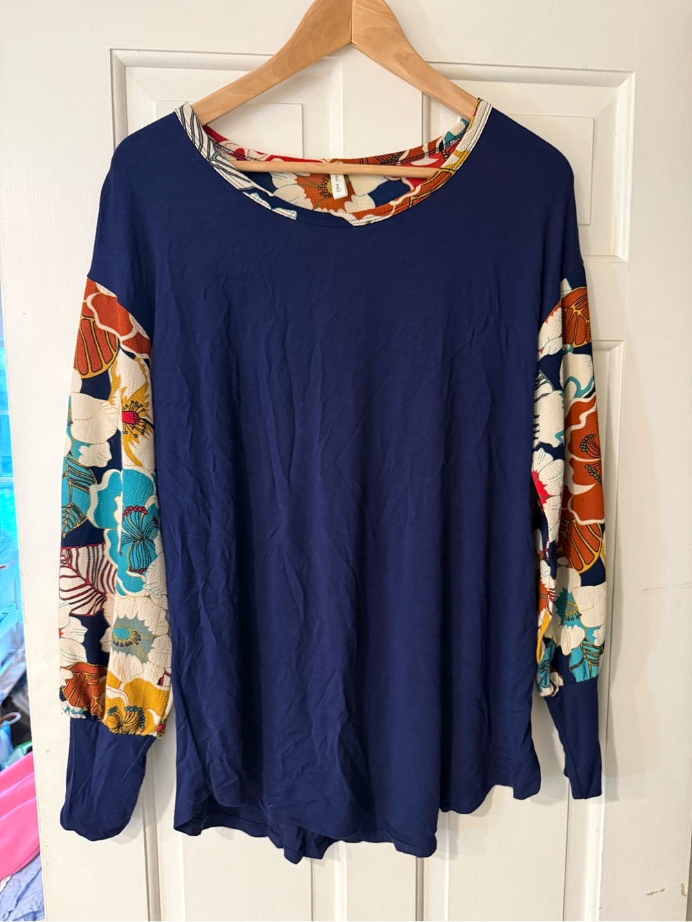 Navy Floral-Sleeve Long-Sleeve Women's Blouse by